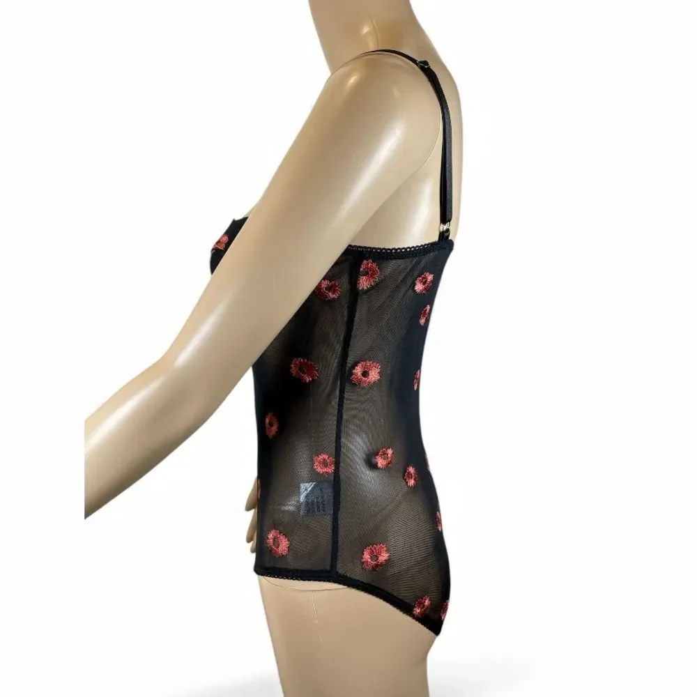 Princess Polly Black Sheer Mesh  Bodysuit  Floral Design size 6